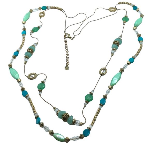 C1946 Necklace Double Strand Layered Beaded Gold Tone Blue Casual Work Wear Boho - Picture 2 of 3